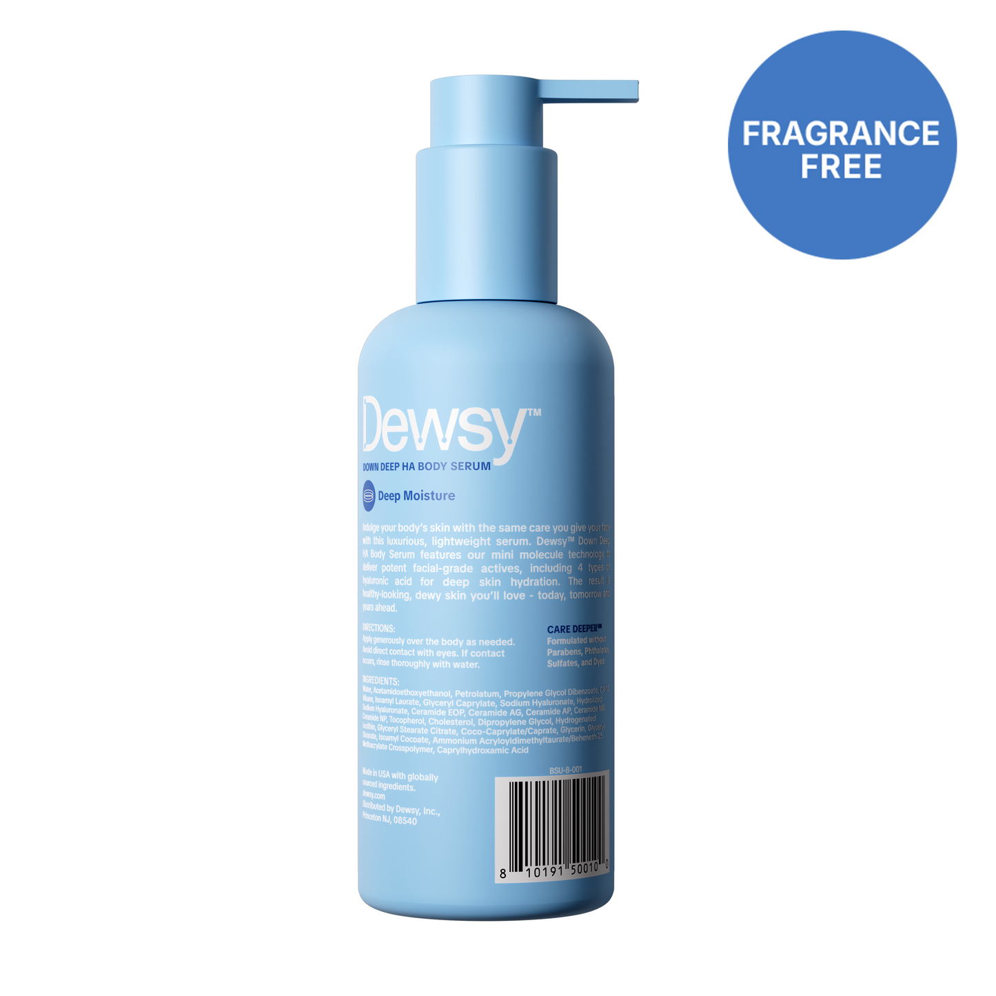 Blue bottle of Dewsy body serum with pump on a white background
