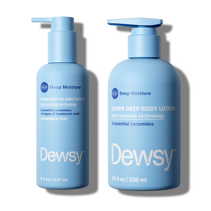 Dewsy Better Together Bundle — Down Deep HA Body Serum and Body Lotion bottles side by side for complete Deep Moisture body care