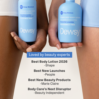 Two bottles of Dewsy Deep Moisture body lotion held by two people against a white background.