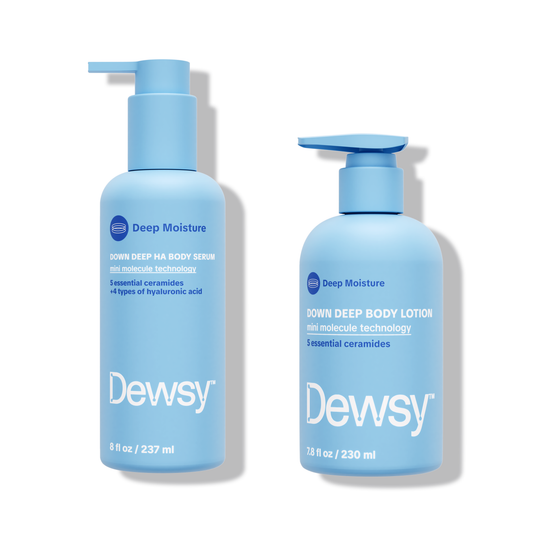 Dewsy Better Together Bundle — Down Deep HA Body Serum and Body Lotion bottles side by side for complete Deep Moisture body care