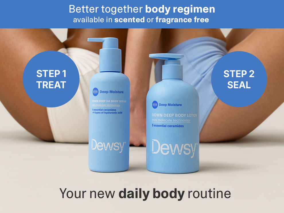 Two bottles of Dewsy body lotion with step-by-step instructions for a daily body routine.