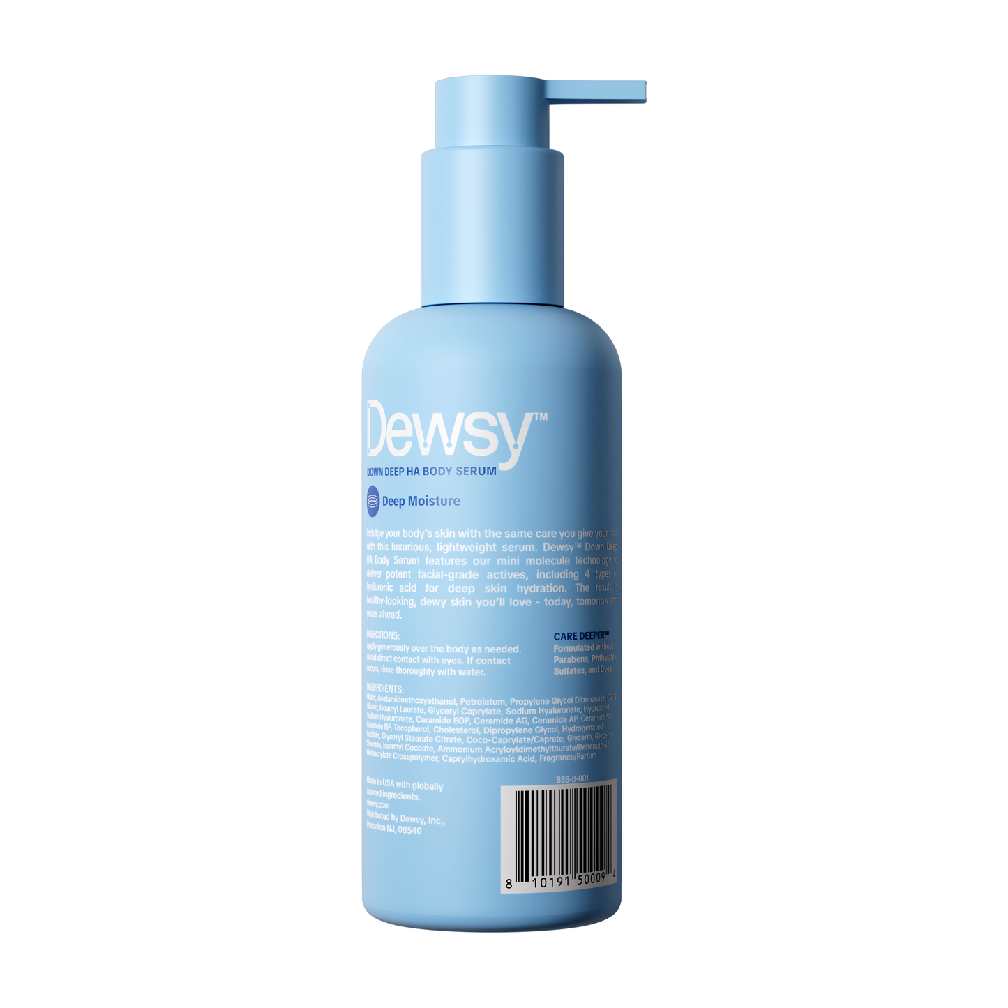 Blue bottle of Dewsy body serum on a white background
