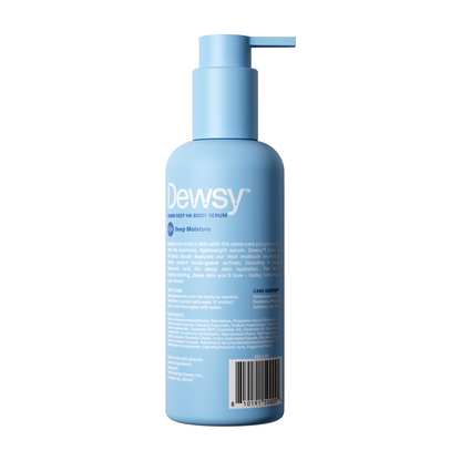 Blue bottle of Dewsy body serum on a white background