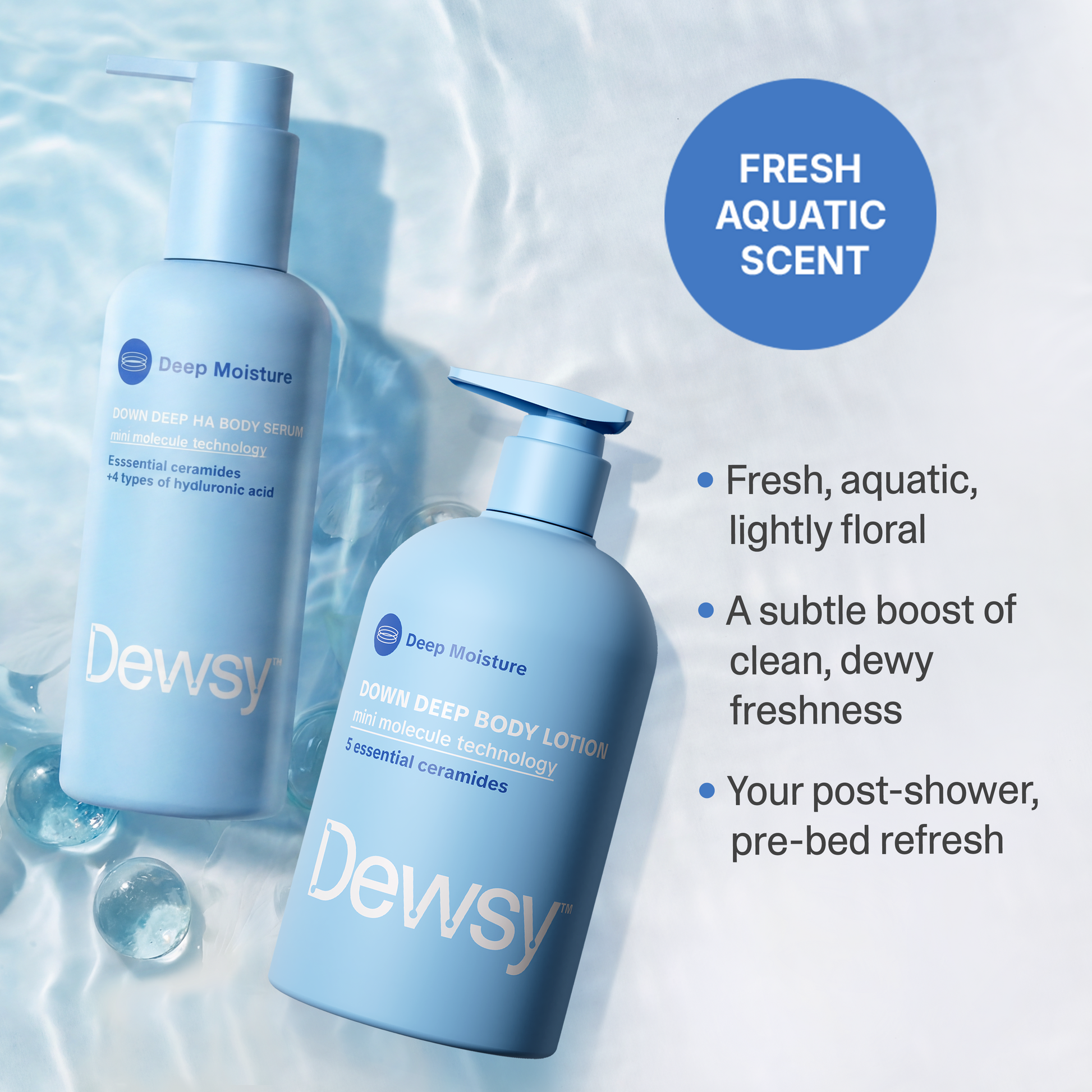 Two Dewsy body products with a water background and text about the product's scent.
