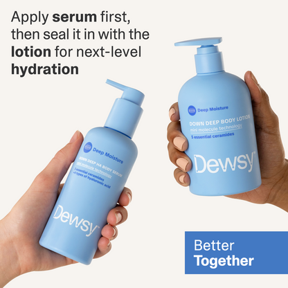 Two bottles of Dewy body serum and lotion held by hands with text on hydration.