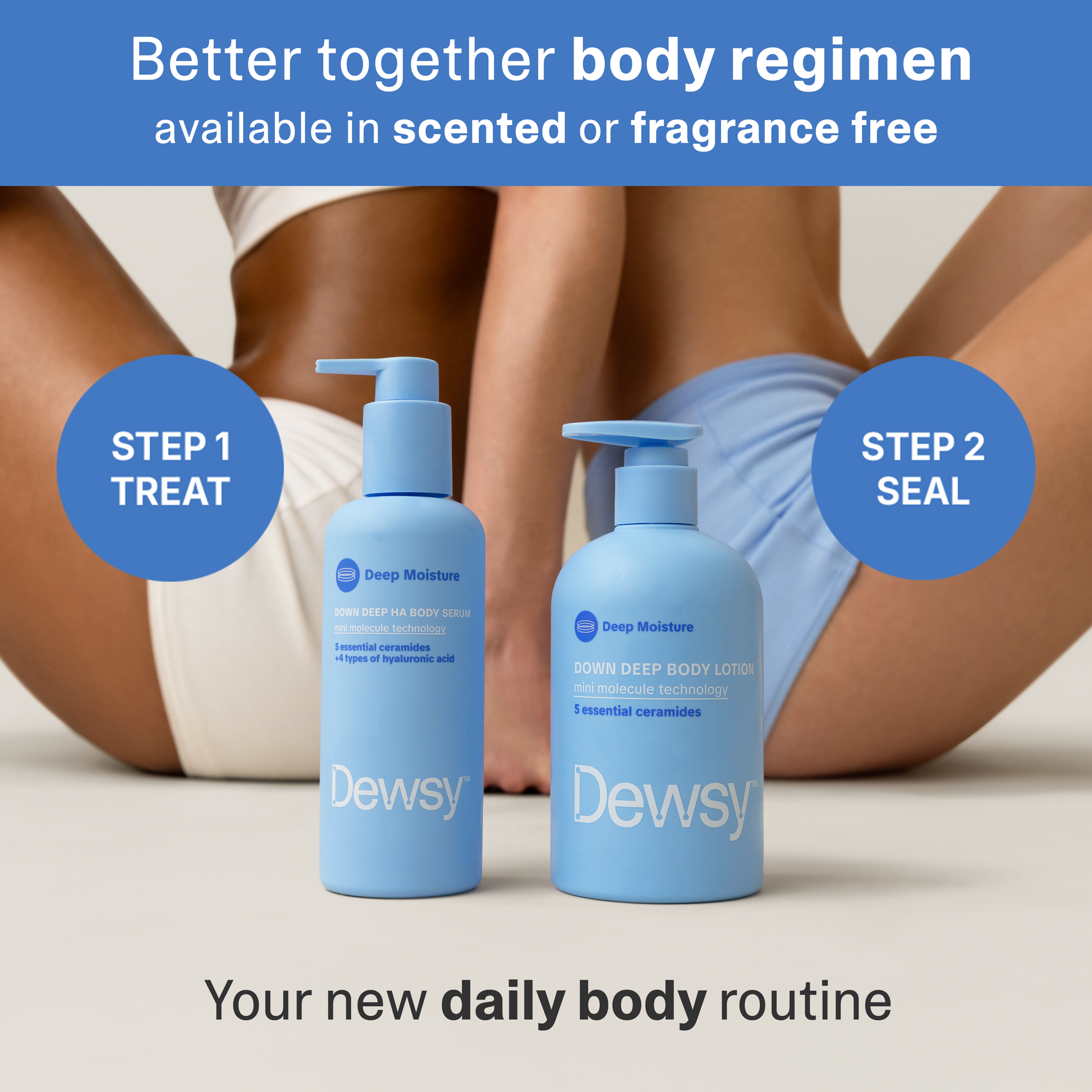 Two bottles of Dewy body lotion with a person wearing underwear in the background, labeled 'Step 1 Treat' and 'Step 2 Seal'.
