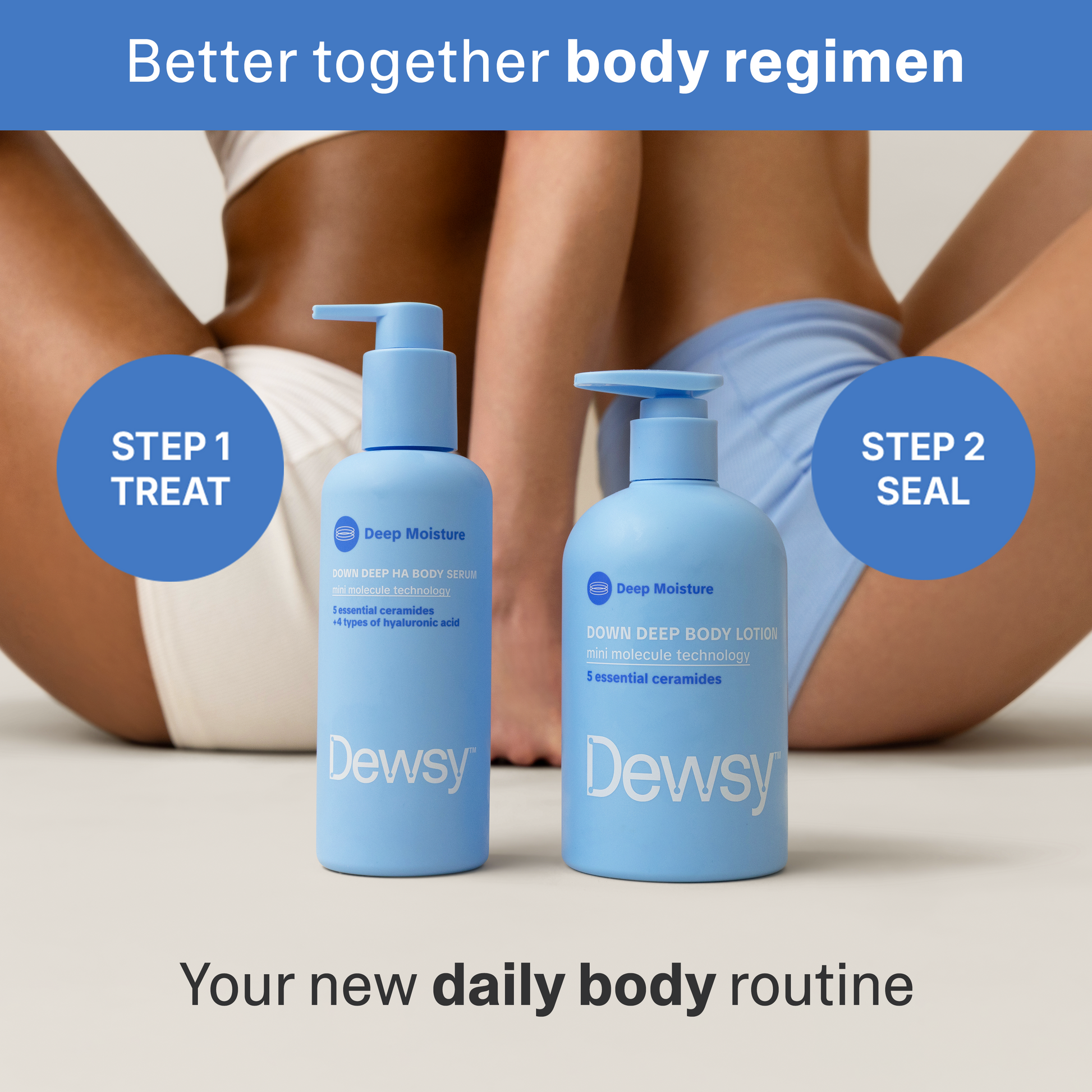 Two bottles of Dewy body lotion with a person wearing underwear in the background, labeled 'Step 1 Treat' and 'Step 2 Seal'.