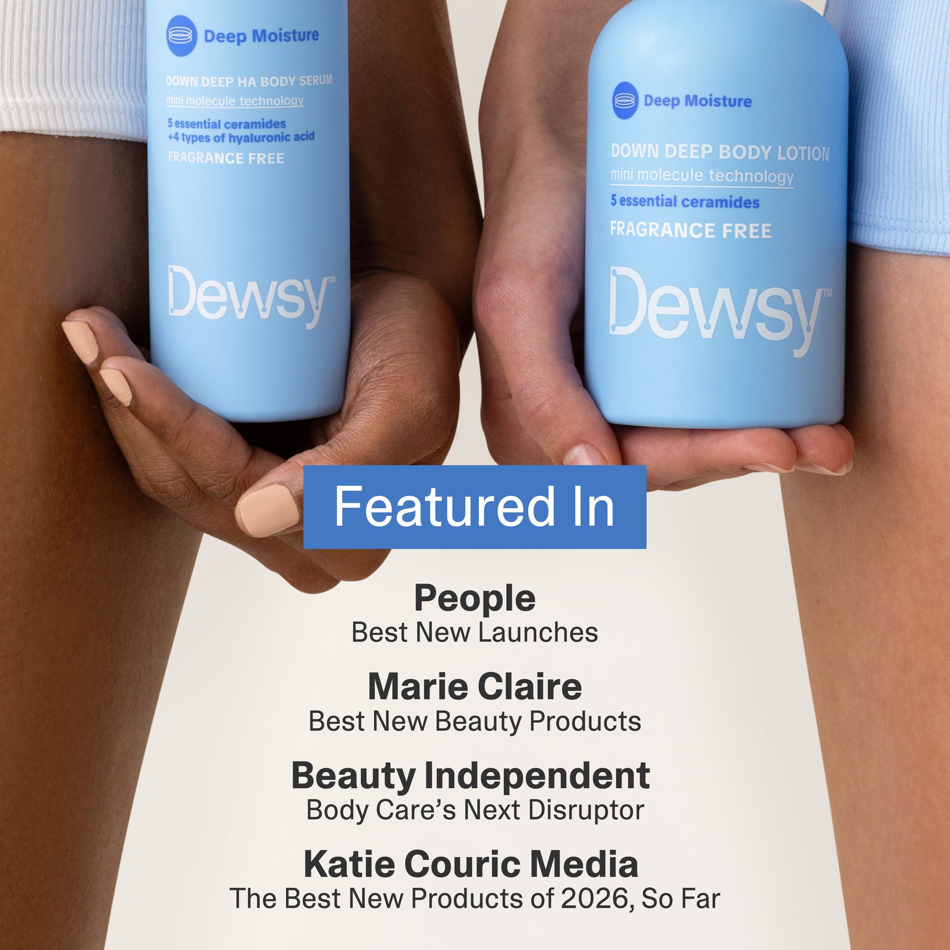 Two hands holding Dewy Deep Moisture body lotion bottles with a list of featured publications below.