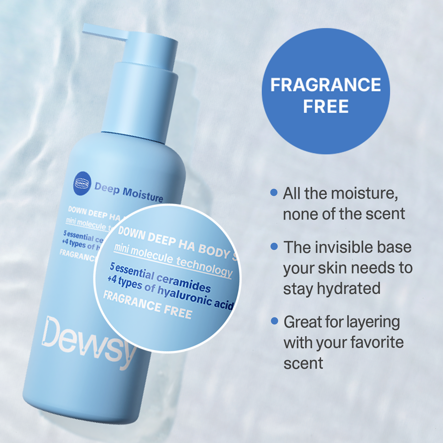 Blue bottle of Dewsky Deep Moisture Body Lotion with text highlighting fragrance-free feature on a light gray background.