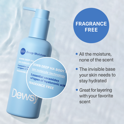 Blue bottle of Dewsky Deep Moisture Body Lotion with text highlighting fragrance-free feature on a light gray background.
