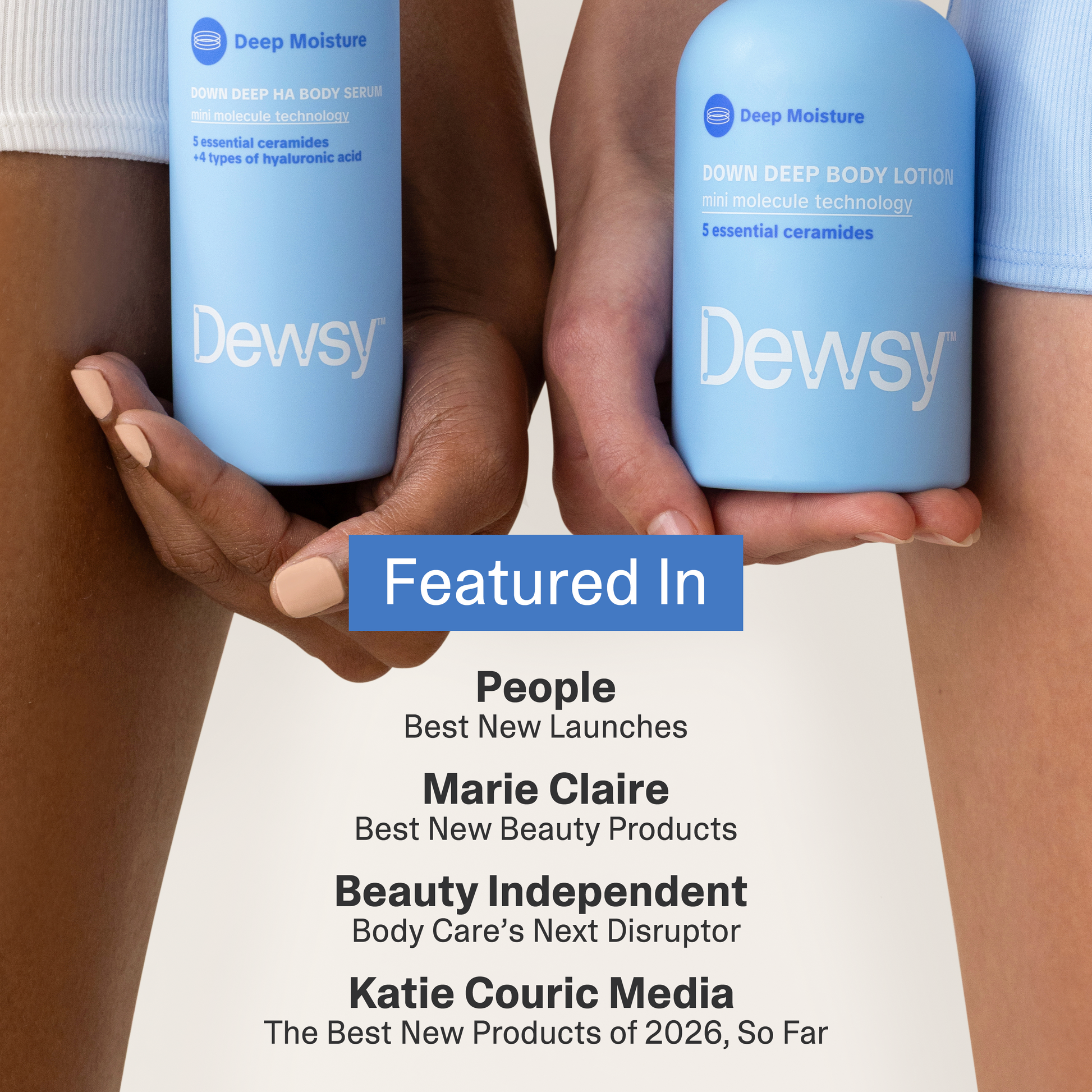 Two bottles of Dewsy Deep Moisture body lotion held by two people against a white background.