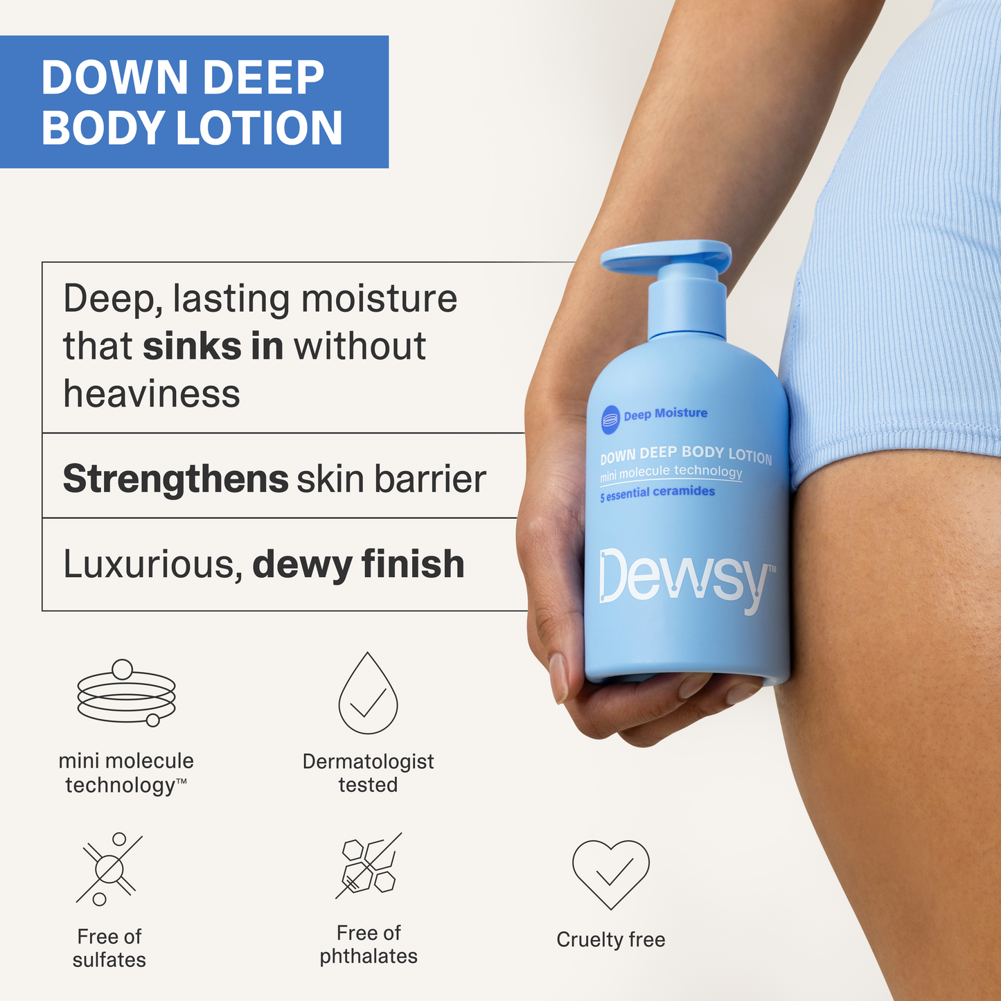 Dewsy Down Deep body lotion being held by a person, with product details and benefits displayed.