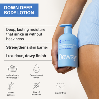 Dewsy Down Deep body lotion being held by a person, with product details and benefits displayed.