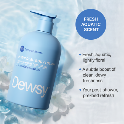Blue bottle of Dewsy Down Deep Body Lotion with product details on a light blue background