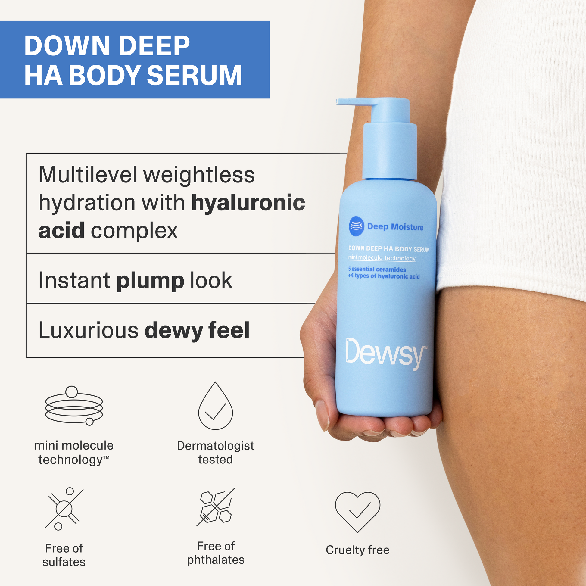 Dewy's Down Deep HA Body Serum bottle held by a person, with product features listed.