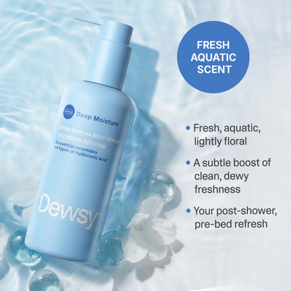 Blue bottle of Dewsy Deep Moisture serum with water droplets and flowers on a light blue background