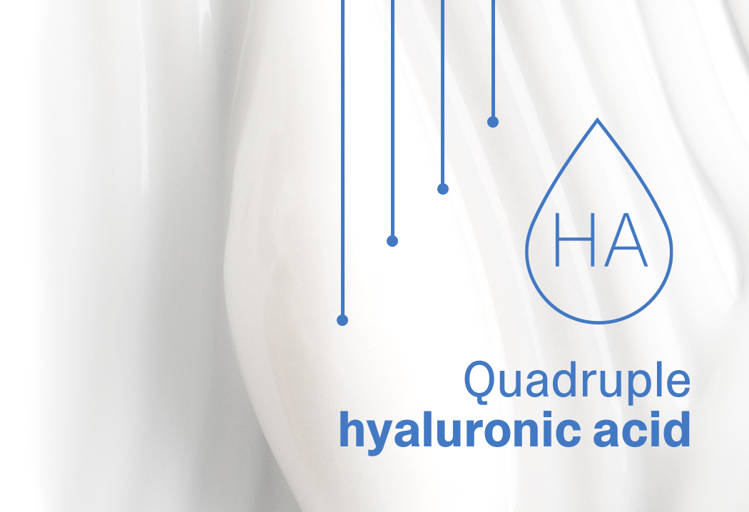 Quadruple hyaluronic acid — HA water droplet icon representing Dewsy's four types of hyaluronic acid key ingredient