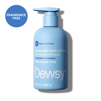 Dewsy Down Deep Body Lotion Fragrance Free 7.8 oz blue pump bottle with mini molecule technology and 5 essential ceramides