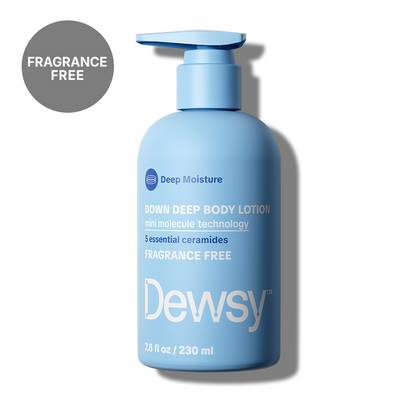 Dewsy Down Deep Body Lotion Fragrance Free 7.8 oz blue pump bottle with mini molecule technology and 5 essential ceramides