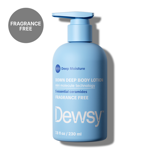 Dewsy Down Deep Body Lotion Fragrance Free 7.8 oz blue pump bottle with mini molecule technology and 5 essential ceramides
