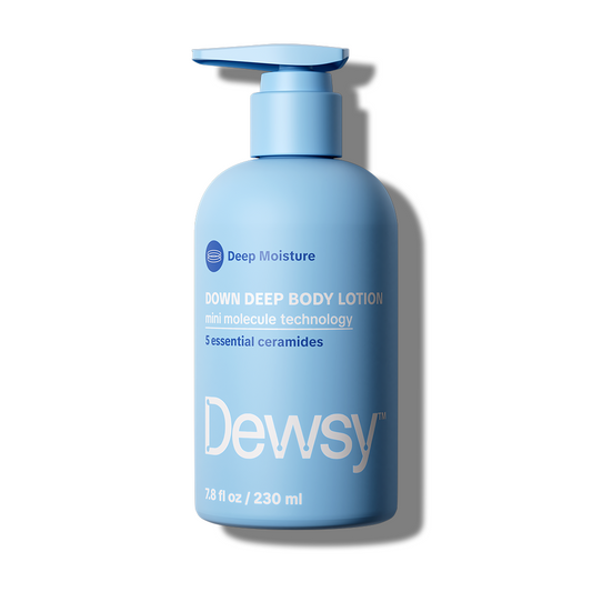 Dewsy Down Deep Body Lotion Deep Moisture 7.8 oz blue pump bottle with mini molecule technology and 5 essential ceramides