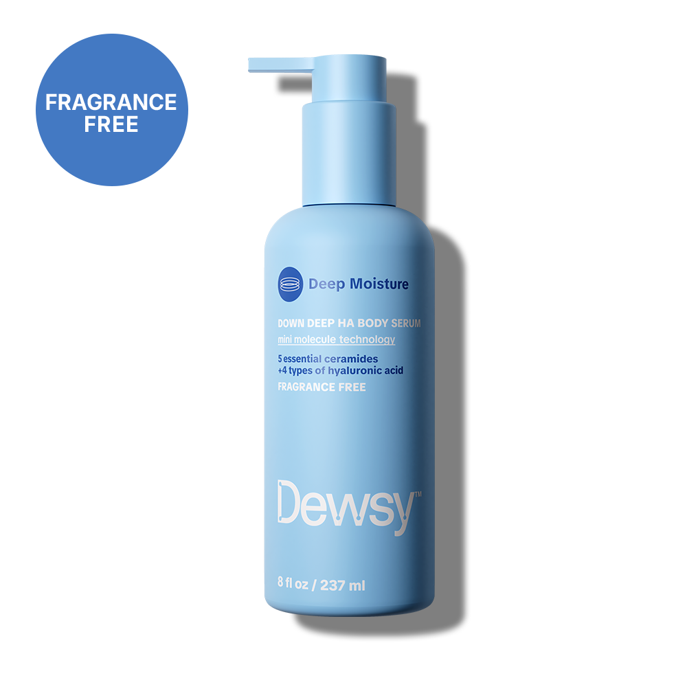 Dewsy Down Deep HA Body Serum Fragrance Free 8 oz blue pump bottle with mini molecule technology, 5 essential ceramides, and 4 types of hyaluronic acid