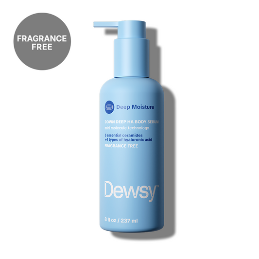 Dewsy Down Deep HA Body Serum Fragrance Free 8 oz blue pump bottle with mini molecule technology, 5 essential ceramides, and 4 types of hyaluronic acid