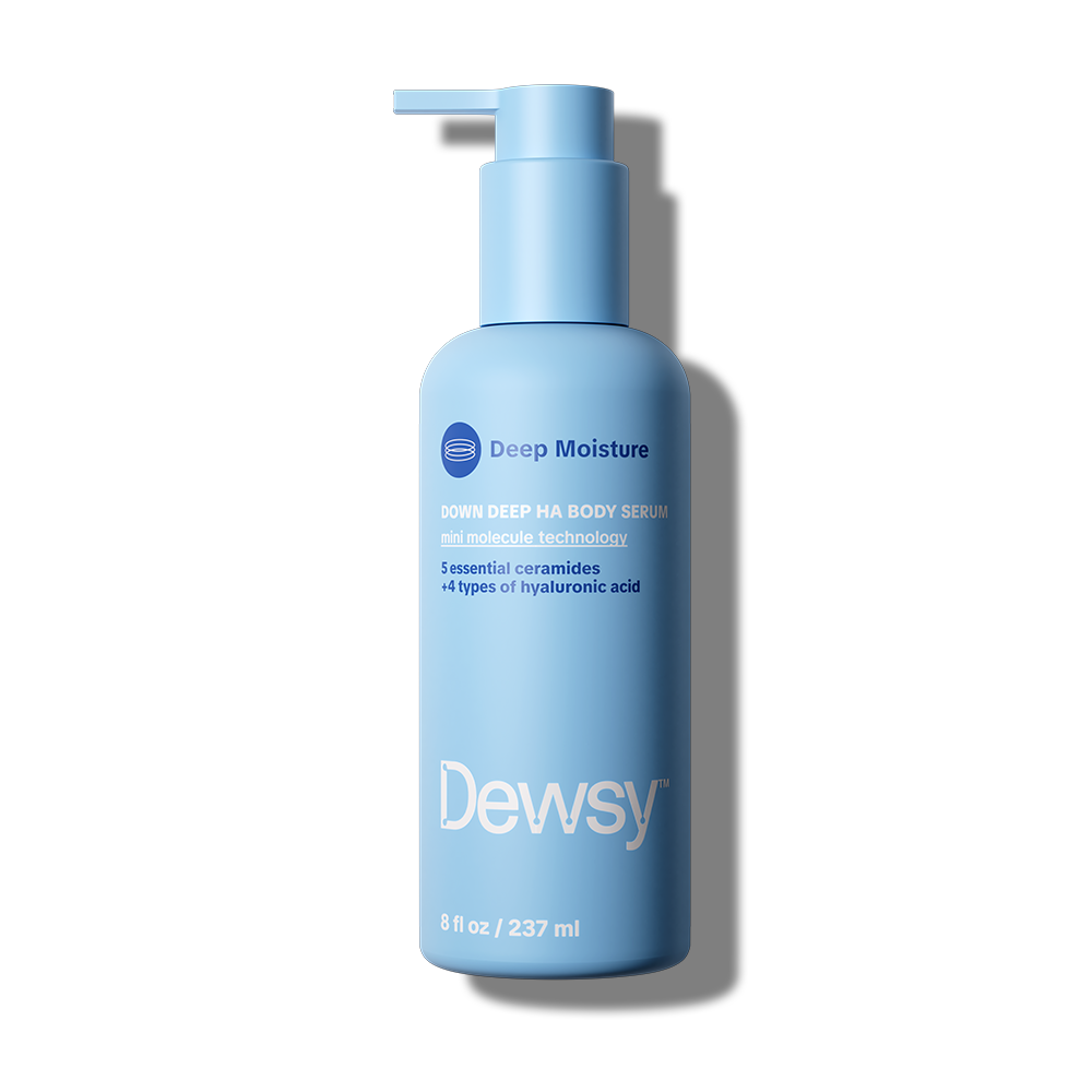 Dewsy Down Deep HA Body Serum Deep Moisture 8 oz blue pump bottle with mini molecule technology, 5 essential ceramides, and 4 types of hyaluronic acid