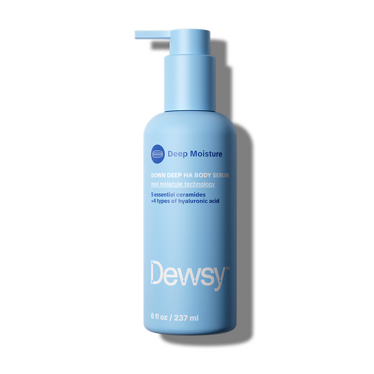 Dewsy Down Deep HA Body Serum Deep Moisture 8 oz blue pump bottle with mini molecule technology, 5 essential ceramides, and 4 types of hyaluronic acid